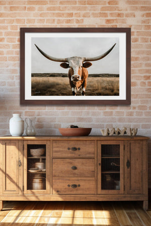 Texas Longhorn wall canvas barnwood framed Western fine art print by Debra Gail Fine Art