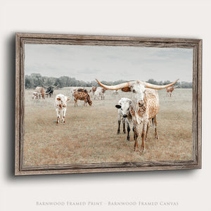 Texas Longhorn Wall Art | Rustic Western Cow and Calf Canvas Print