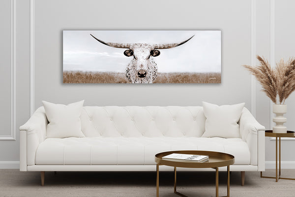 LONGHORN COW CANVAS PRINT - FARMHOUSE DECOR 3:1