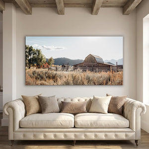 Mormon Row historic barn panoramic wall art neutral luxe decor interior design in Grand Teton National Park, Wyoming, photographed by Debra Gail