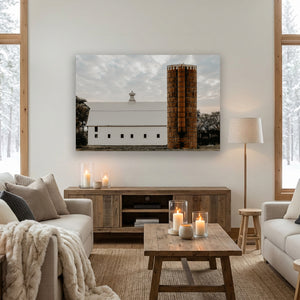 White Prairie Barn with Rustic Silo Wall Art – Minimalist Farmhouse Landscape Print