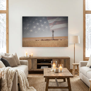 American Prairie Windmill Wall Art – Western Landscape with Subtle Flag Overlay – Rustic Ranch Decor – Fine Art Photography Print or Canvas