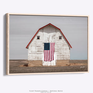 Patriotic Barn Wall Art | White Barn American Flag Farmhouse Canvas Print