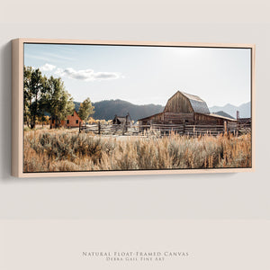 Mormon Row historic barn natural wood float framed panoramic wall art in Grand Teton National Park, Wyoming, photographed by Debra Gail