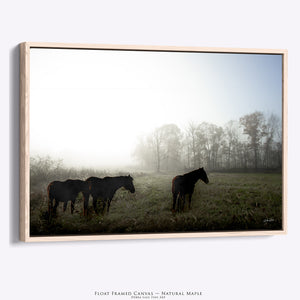 A framed landscape art print showing three dark horses standing in a misty field with bare trees in the background, presented in a light natural maple wood float frame against a white background.