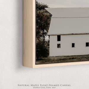 White Prairie Barn with Rustic Silo Wall Art – Minimalist Farmhouse Landscape Print