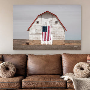 Patriotic Barn Wall Art | White Barn American Flag Farmhouse Canvas Print
