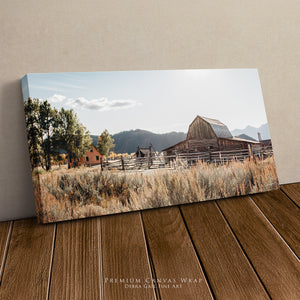 Mormon Row historic premium 1.5" thick finished back canvas solid face panoramic wall art in Grand Teton National Park, Wyoming, photographed by Debra Gail
