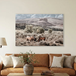 Pryor Mountain wild horses gathered among sagebrush and cottonwood trees in Bighorn Canyon, original muted Western landscape photography by Debra Gail Fine Art.