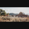 Mormon Row historic barn panoramic wall art in Grand Teton National Park, Wyoming, photographed by Debra Gail