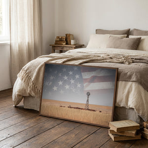 American Prairie Windmill Wall Art – Western Landscape with Subtle Flag Overlay – Rustic Ranch Decor – Fine Art Photography Print or Canvas
