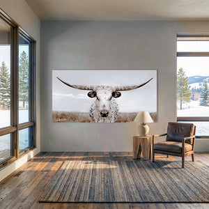Longhorn Cow Panoramic Wall Art | Rustic Western Farmhouse Canvas