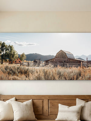 Mormon Row historic barn panoramic wall art in Grand Teton National Park, Wyoming, photographed by Debra Gail