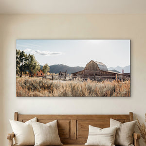 Mormon Row historic barn panoramic wall art in Grand Teton National Park, Wyoming, photographed by Debra Gail
