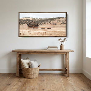 Wide prairie landscape with American buffalo, panoramic western wall art print or canvas.