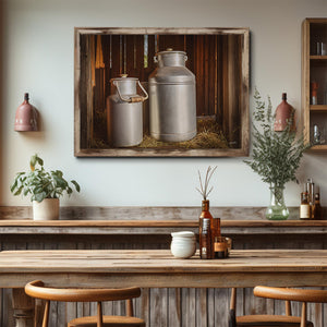 Vintage aluminum milk cans wall art – rustic farmhouse photography print by Debra Gail Fine Art