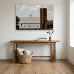 White Prairie Barn with Rustic Silo Wall Art – Minimalist Farmhouse Landscape Print
