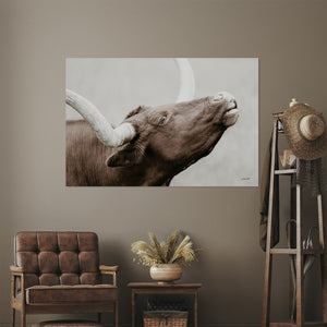 Texas Longhorn Cow Canvas | Rustic Farmhouse Wall Art Print