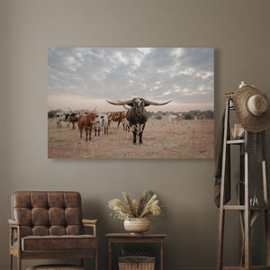 Longhorn Herd Western Wall Art Canvas | Wide Open Sky Texas Longhorns