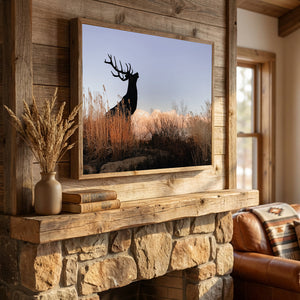 Close-up of an elk canvas print in a handcrafted reclaimed barnwood frame.