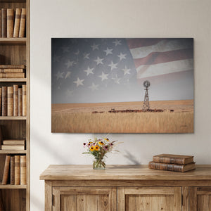 American Prairie Windmill Wall Art – Western Landscape with Subtle Flag Overlay – Rustic Ranch Decor – Fine Art Photography Print or Canvas