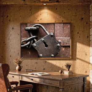 Vintage padlock fine art photography framed wall art displayed in rustic interior