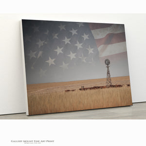 American Prairie Windmill Wall Art – Western Landscape with Subtle Flag Overlay – Rustic Ranch Decor – Fine Art Photography Print or Canvas